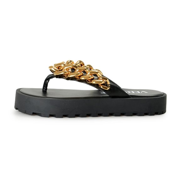Versace Women's Black & Gold Leather Sandals Flip Flops Shoes - Picture 2 of 8